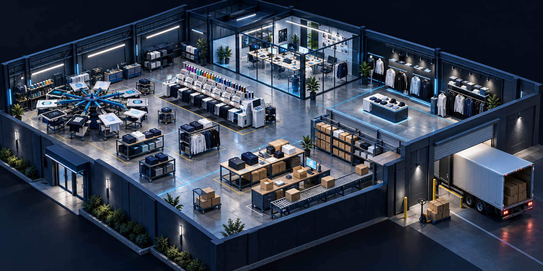 An illustrated futuristic custom apparel production warehouse with screen printing, embroidery, design, fulfillment and shipping areas.